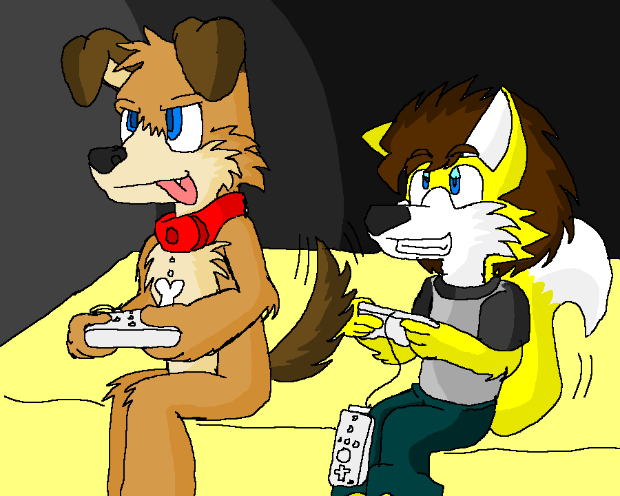 A picture of my golden fox persona and Peanut playing a videogame.