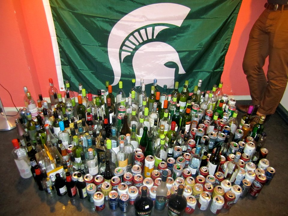 This is an MSU flag someone brought on our amsterdam trip.  On the last night we decided that we would use our empties for something before we recycled them.
